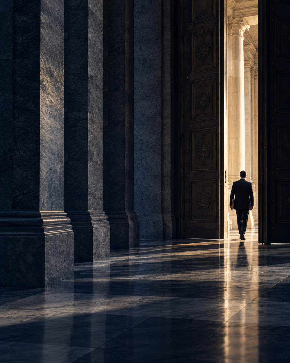A figure entering a sunlit hall through monumental doors